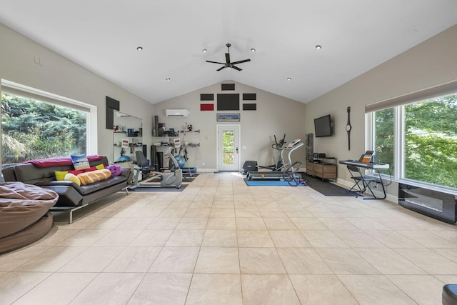 living room with ceiling fan, light tile patterned floors, an AC wall unit, and a healthy amount of sunlight