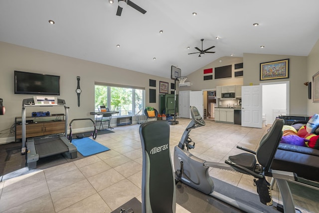 gym with ceiling fan, light tile patterned floors, and high vaulted ceiling