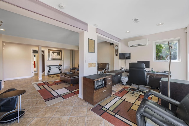 tiled office with decorative columns and a wall mounted air conditioner