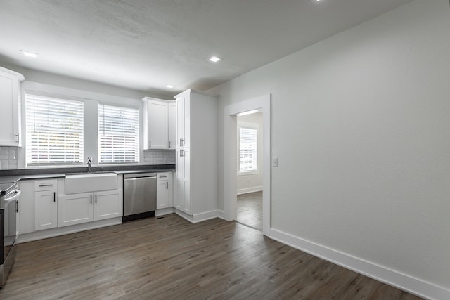 kitchen with white cabinets, plenty of natural light, tasteful backsplash, and stainless steel dishwasher