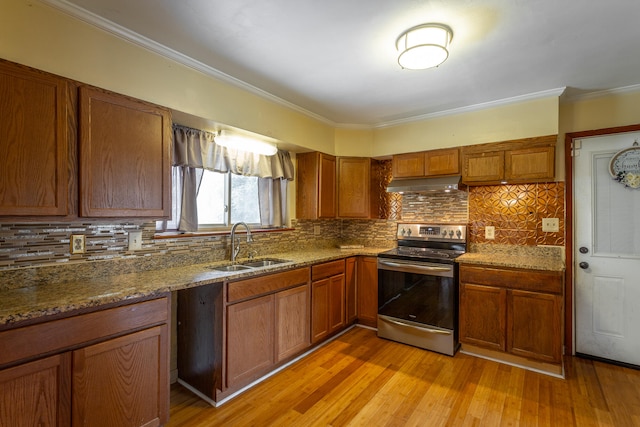 kitchen featuring sink, light hardwood / wood-style flooring, stone counters, backsplash, and stainless steel range with electric cooktop