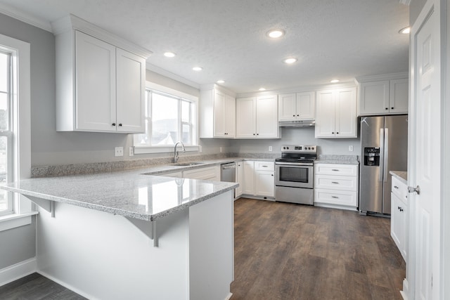 kitchen with a kitchen bar, kitchen peninsula, white cabinets, and stainless steel appliances