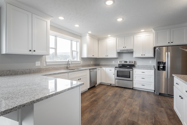 kitchen with dark hardwood / wood-style flooring, white cabinetry, sink, and appliances with stainless steel finishes