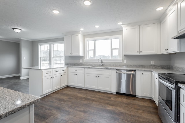 kitchen with white cabinetry, sink, kitchen peninsula, a textured ceiling, and appliances with stainless steel finishes