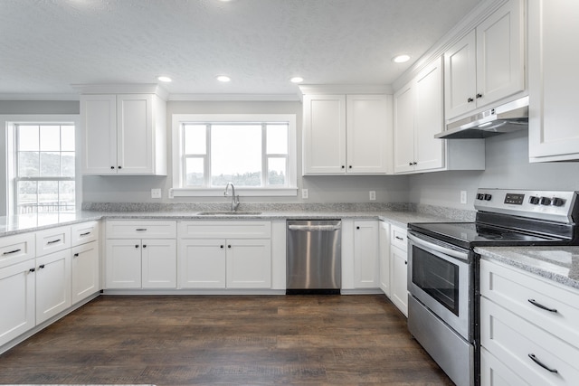 kitchen featuring white cabinets, sink, light stone countertops, and stainless steel appliances