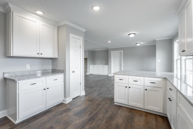 kitchen featuring white cabinets, ornamental molding, and dark wood-type flooring