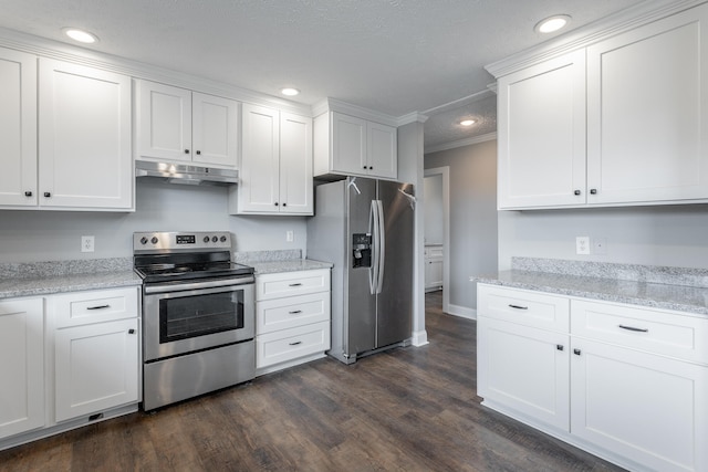 kitchen with crown molding, dark hardwood / wood-style floors, light stone counters, white cabinetry, and stainless steel appliances