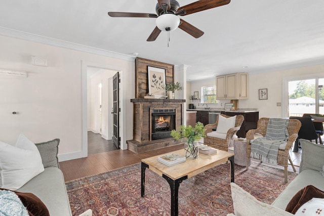 living room featuring sink, ceiling fan, crown molding, and dark hardwood / wood-style flooring