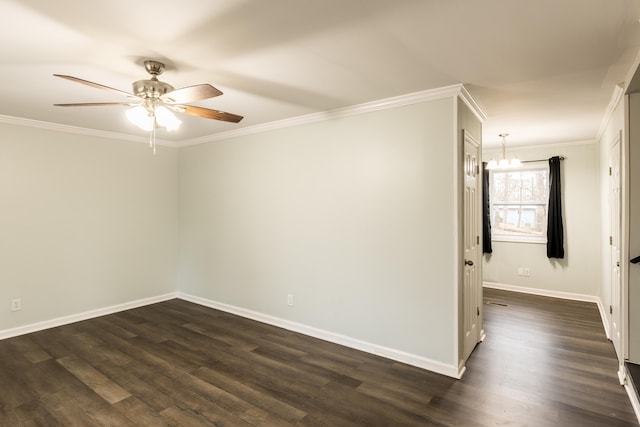 spare room featuring crown molding, dark hardwood / wood-style floors, and ceiling fan with notable chandelier