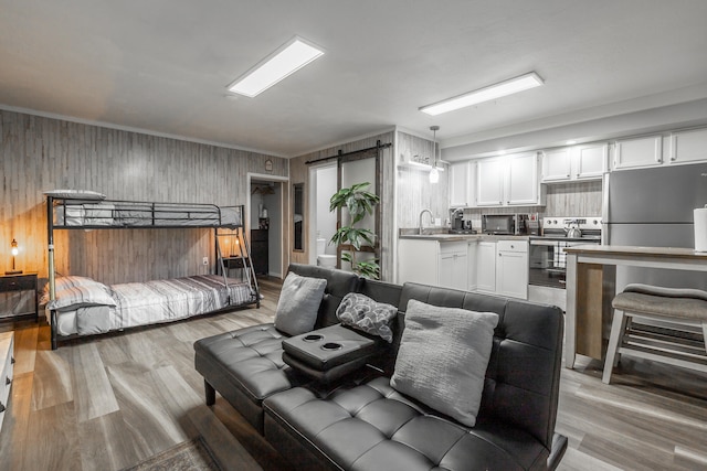 living room with wooden walls, a barn door, sink, and light hardwood / wood-style floors