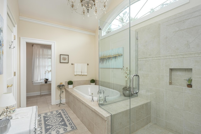 bathroom featuring independent shower and bath and tile patterned floors