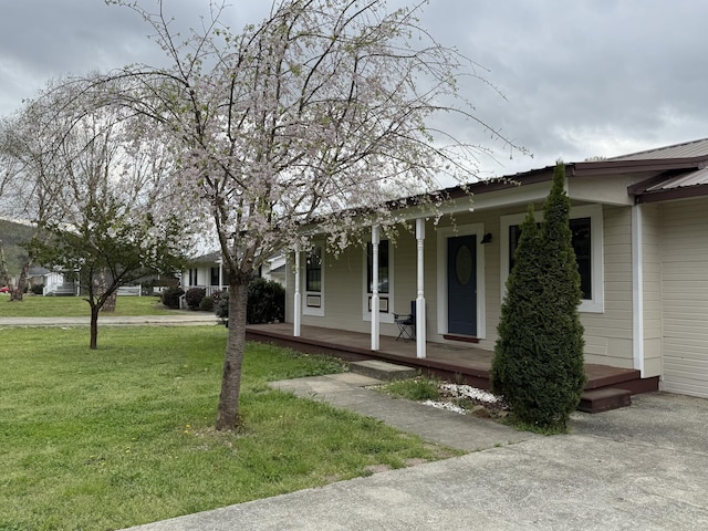 view of front of property featuring metal roof, a front yard, and a porch