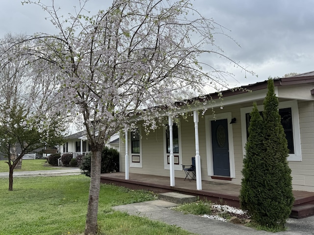 view of front of property with covered porch and a front yard