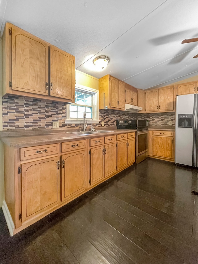 kitchen featuring stainless steel range oven, white refrigerator with ice dispenser, backsplash, dark hardwood / wood-style flooring, and ceiling fan