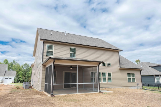 rear view of property with a patio, central AC unit, and ceiling fan