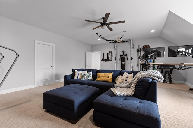 living room with lofted ceiling, carpet floors, and ceiling fan