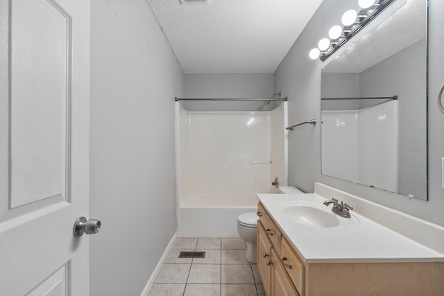 full bathroom featuring a textured ceiling, shower / tub combination, tile patterned floors, vanity, and toilet