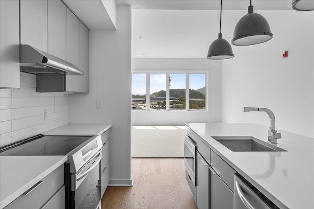 kitchen with exhaust hood, light hardwood / wood-style flooring, decorative light fixtures, sink, and electric range