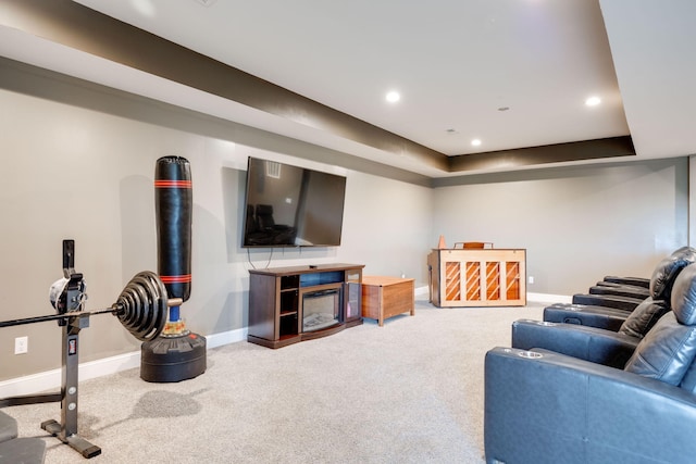 living room featuring carpet floors and a raised ceiling