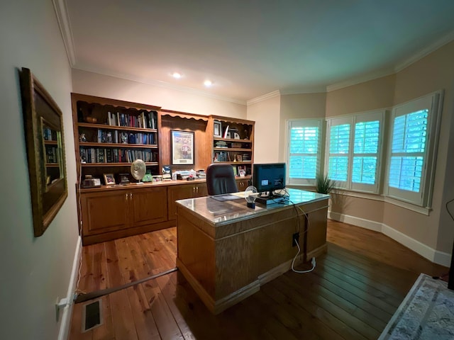 office featuring crown molding and light hardwood / wood-style flooring