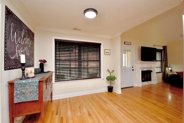 interior space with wood-type flooring, a fireplace, crown molding, and lofted ceiling