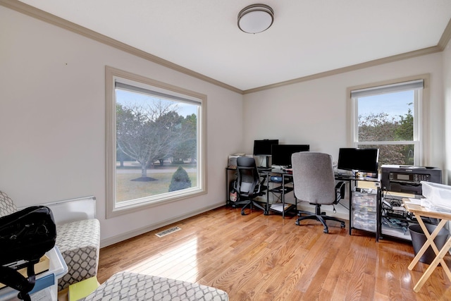 office with light wood-type flooring and crown molding