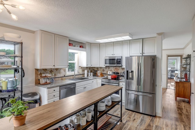 kitchen featuring stainless steel appliances, a wealth of natural light, crown molding, and sink