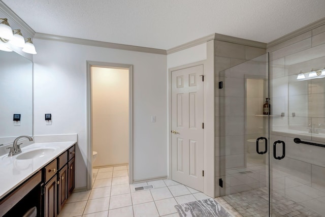 bathroom with a shower with shower door, vanity, a textured ceiling, ornamental molding, and toilet