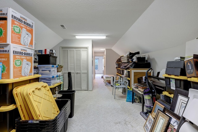 interior space featuring a textured ceiling, carpet, and lofted ceiling