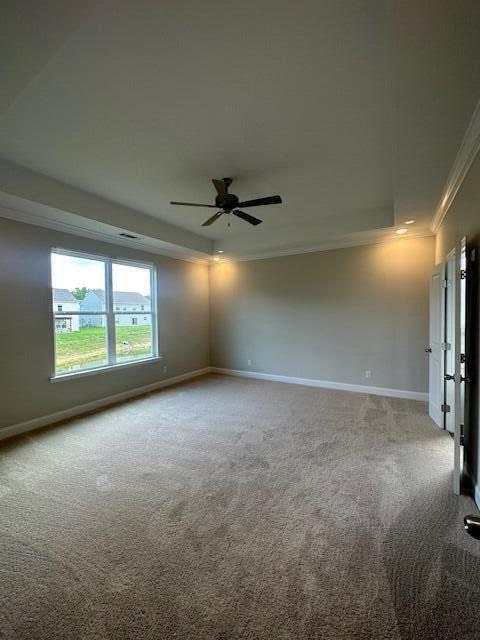 carpeted spare room featuring ceiling fan and ornamental molding