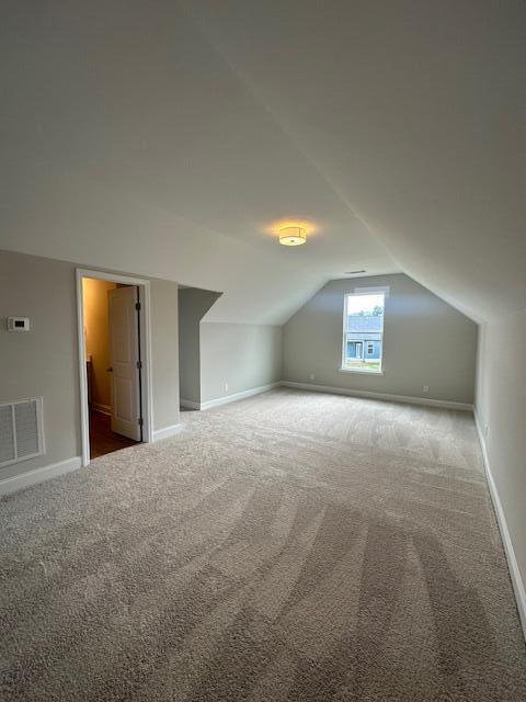 additional living space featuring lofted ceiling and carpet flooring