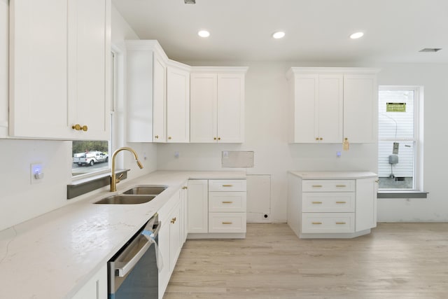 kitchen featuring stainless steel dishwasher, plenty of natural light, white cabinetry, and sink