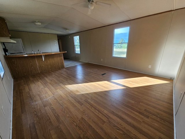 unfurnished living room featuring wood-type flooring, lofted ceiling, and a healthy amount of sunlight