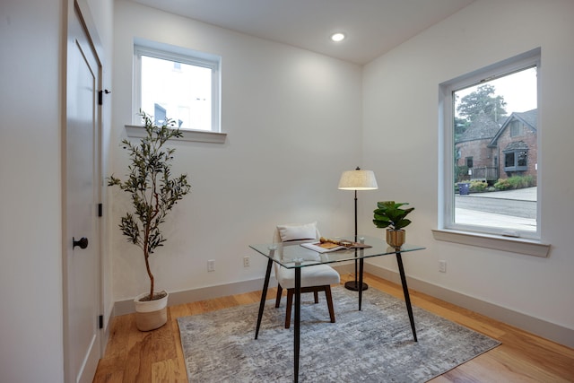 office space featuring baseboards, wood finished floors, and plenty of natural light