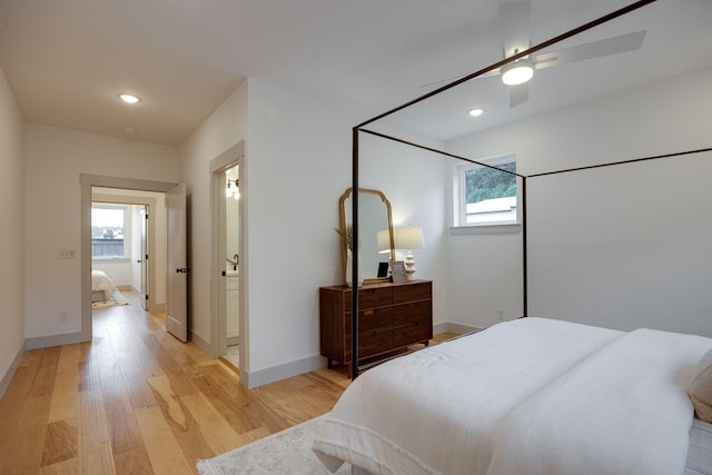 bedroom featuring recessed lighting, ceiling fan, baseboards, and light wood-style floors