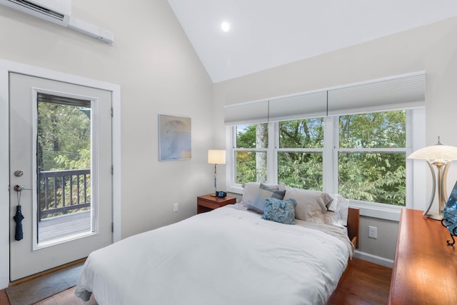 bedroom featuring wood-type flooring, multiple windows, and high vaulted ceiling