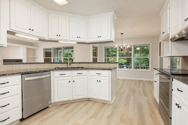 kitchen featuring stainless steel appliances, white cabinets, and kitchen peninsula