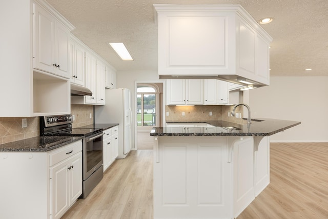 kitchen featuring light hardwood / wood-style floors, white cabinetry, kitchen peninsula, ventilation hood, and stainless steel range with electric cooktop