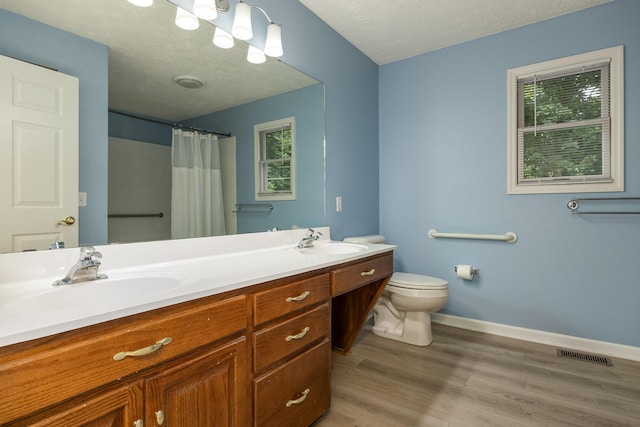 bathroom with vanity, hardwood / wood-style floors, toilet, and a wealth of natural light