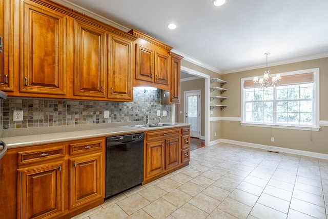 kitchen with dishwasher, a chandelier, decorative backsplash, decorative light fixtures, and crown molding