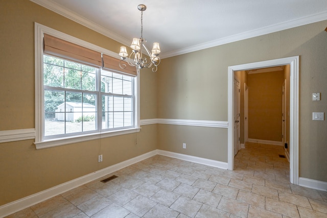 unfurnished room featuring a notable chandelier and ornamental molding