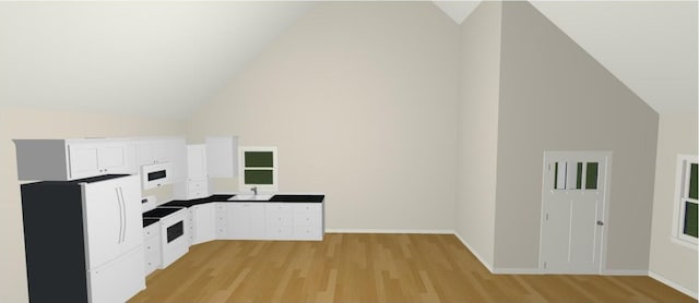 kitchen with sink, white cabinetry, high vaulted ceiling, and light wood-type flooring