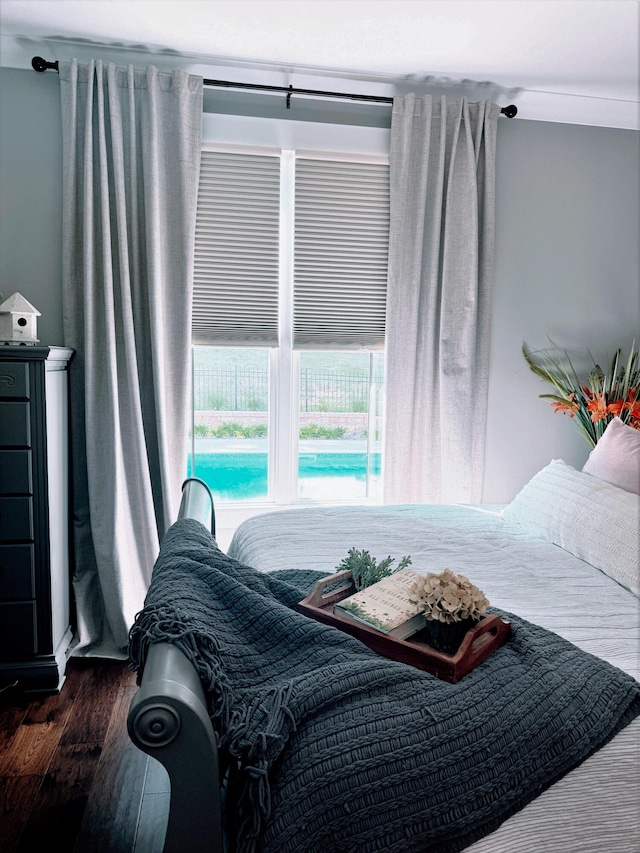 bedroom with dark hardwood / wood-style floors