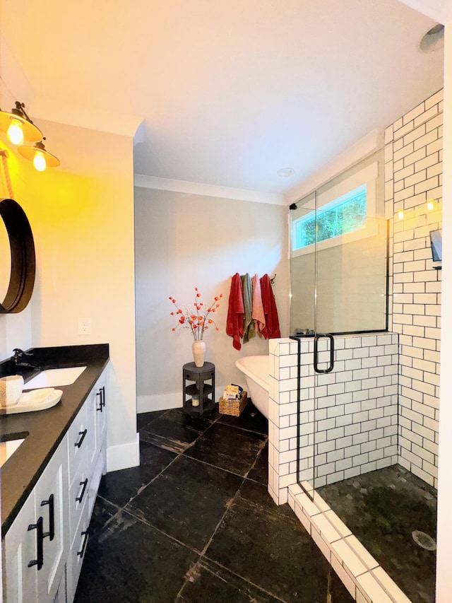 bathroom with vanity, shower with separate bathtub, and ornamental molding