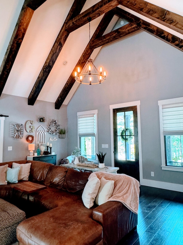 living room featuring high vaulted ceiling, dark hardwood / wood-style floors, beamed ceiling, and a chandelier