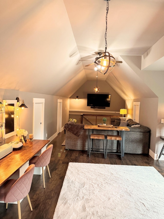 bedroom featuring lofted ceiling and dark hardwood / wood-style floors