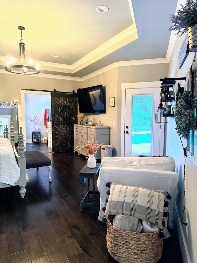 bedroom with an inviting chandelier, a raised ceiling, dark hardwood / wood-style floors, and multiple windows