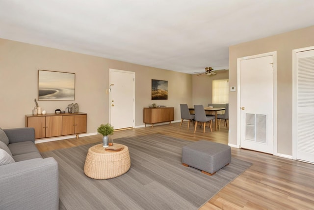 living room featuring ceiling fan and light hardwood / wood-style flooring