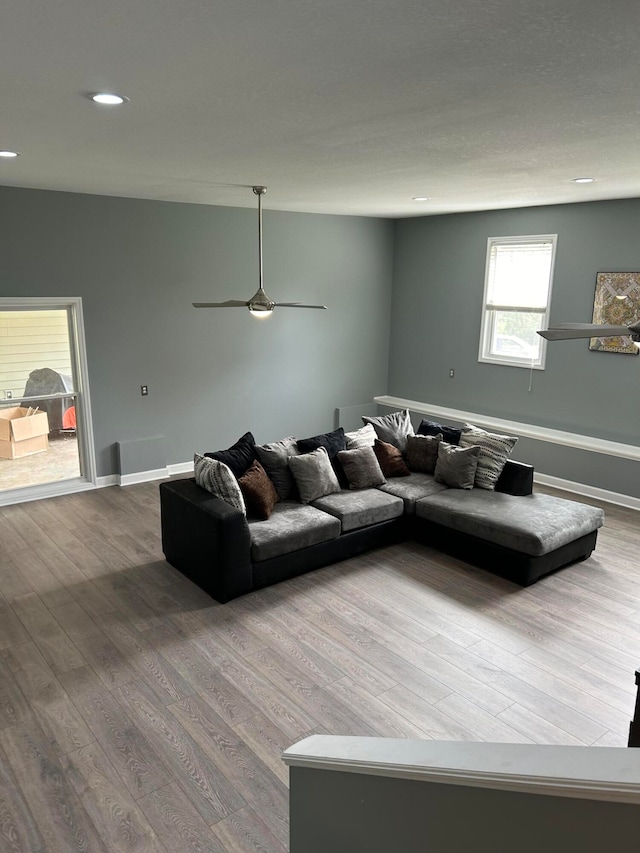 living room featuring ceiling fan and hardwood / wood-style flooring