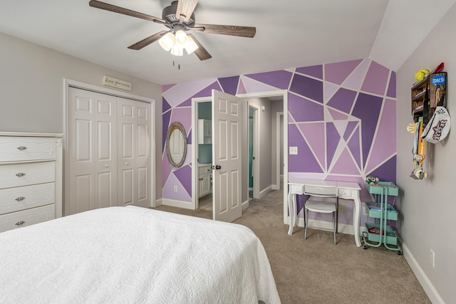 bedroom with ceiling fan, a closet, and carpet flooring